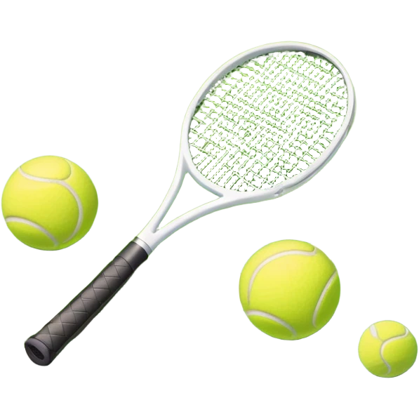 A tennis racket and ball positioned on a grass court, with the net and lines clearly visible in the background. The scene emphasizes the classic elements of the sport, capturing the energy and precision of a tennis match. emoji