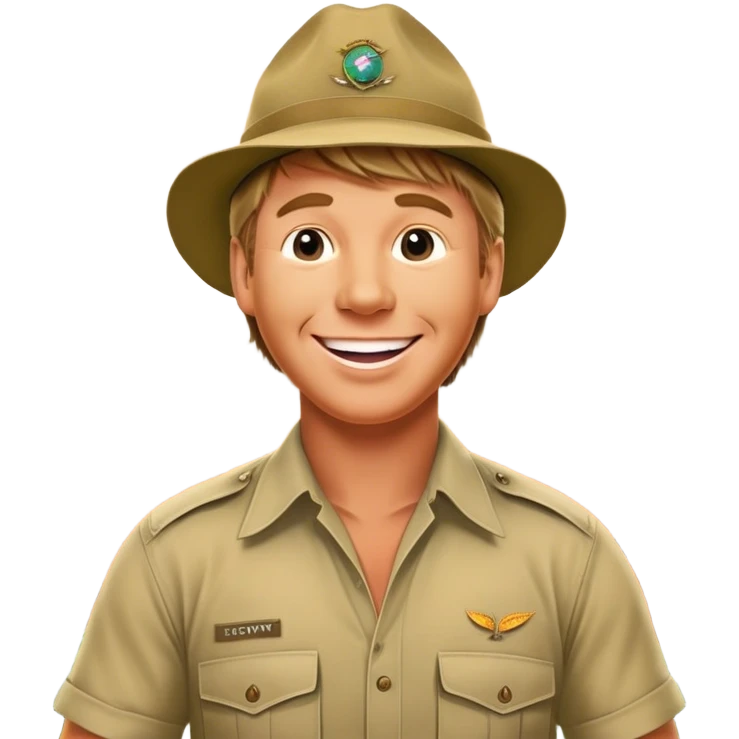 Cinematic Realistic Steve Irwin Portrait Emoji, depicted as a passionate wildlife expert in his signature khaki attire with an enthusiastic smile and a backdrop of the Australian outback, rendered with vibrant textures and dynamic natural lighting that captures his adventurous spirit. emoji