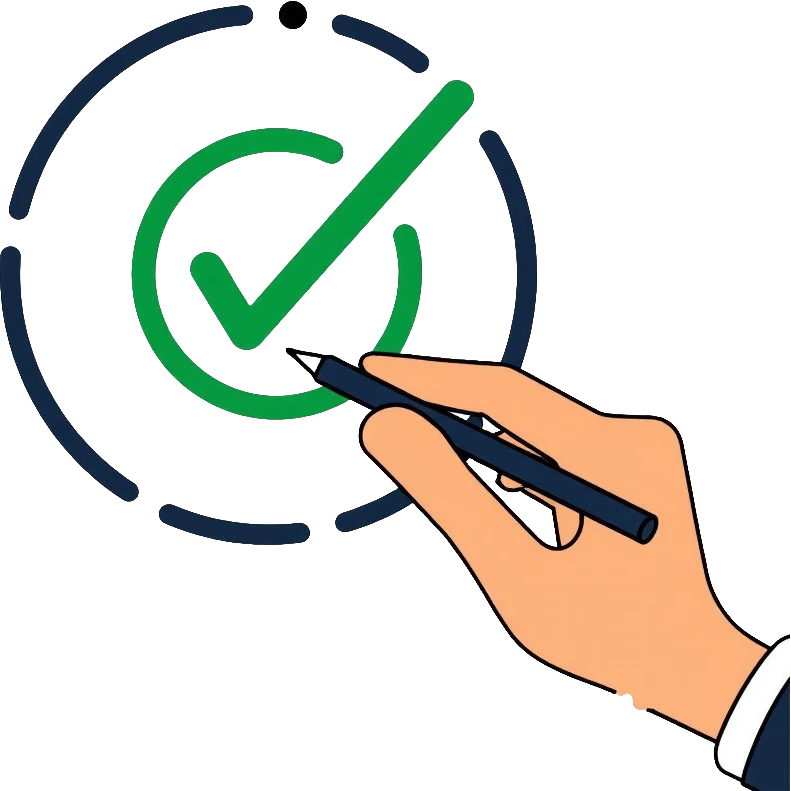 A hand with pen checking off a green checkbox inside a circular progress tracker, clean outlined style, symbolizing completed tasks and progress tracking emoji