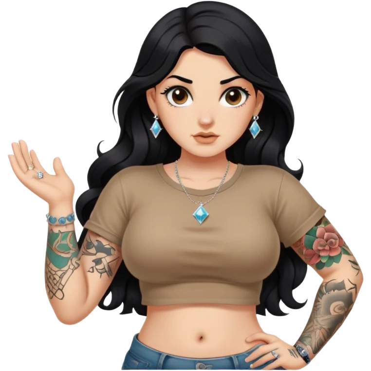 A girl with fair skin and a little fat - long black hair with big waves - tattoos on her arms - wearing a brown navel-revealing short-sleeved shirt - with a diamond navel stud emoji