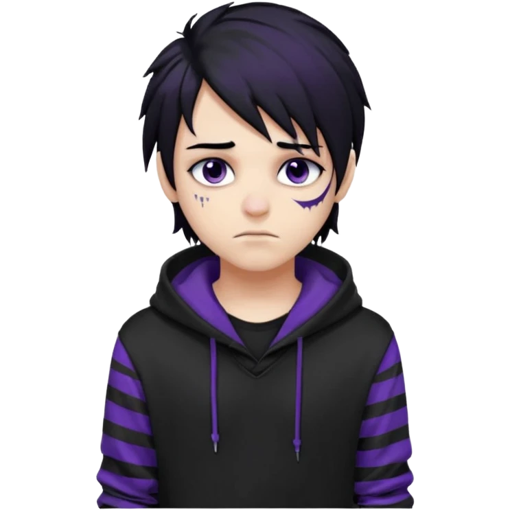 emo teen boy with long one-side messy black hair, dark hoodie with white and purple striped sleeves, piercings on his nose, dark eyeshadow emoji
