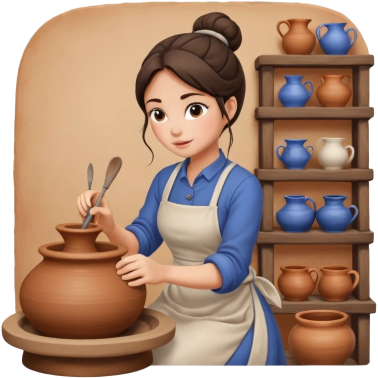 Brunette girl with bun, behind pottery wheel emoji