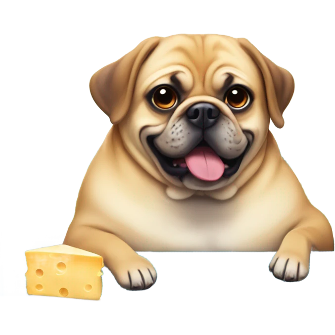 A tan puggle dog but super overweight and enjoying a piece of cheese by the pool emoji