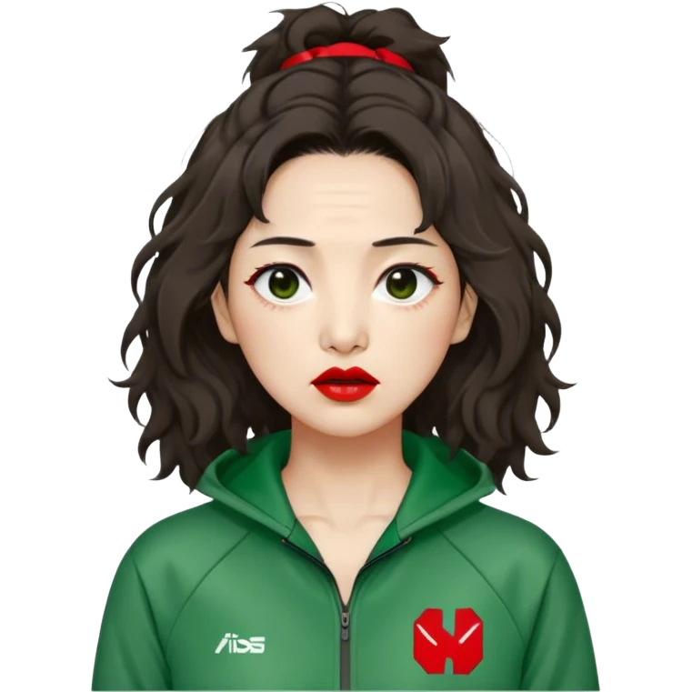 Han Mi-nyeo: Age Late 60s
A woman with many wrinkles face, frizzy, very messy dark brown hair and dramatic red lipstick.
Outfit: Green player tracksuit emoji