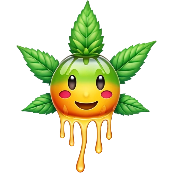 generate an emoji-style image of a juicy gummy shaped like a marijuana flower, make it colorful and with liquid dripping out emoji