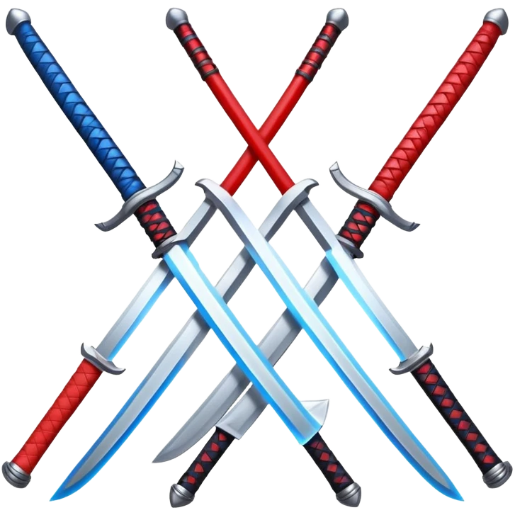 Design a stylized emoji icon of two crossed katanas, each with a different colored aura (e.g. blue and red), representing the fusion of two opposing ideas. The swords should look elegant, not aggressive – symbolizing creativity through contrast and harmony.





 emoji