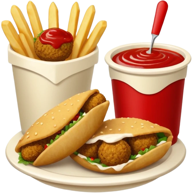 falafel and fries, with two containers with  red sauce and white sauce  emoji