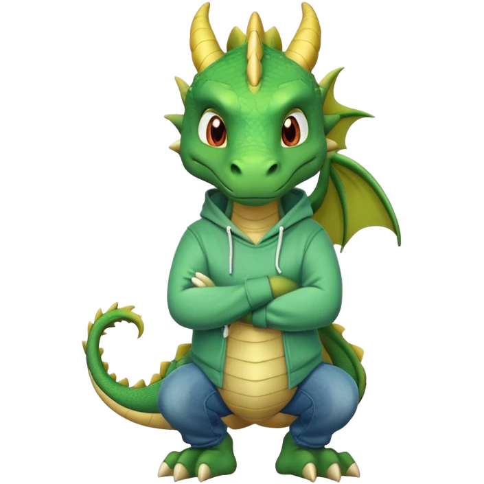 friendly anthropomorphised green dragon in a hoodie and jeans with arms folded, relaxed pose emoji