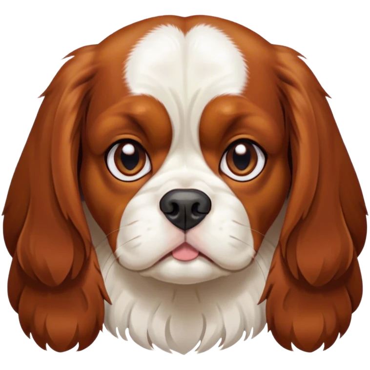 Cinematic Grumpy Blenheim Cavalier King Charles Spaniel Portrait Emoji, Head tilted slightly with a deeply unimpressed expression, thick Blenheim coat with pronounced chestnut and white markings, large, droopy brown eyes narrowed into an unamused glare, ears slightly drooping in exasperation, Simplified yet comically expressive features, highly detailed, glowing with a dry, sarcastic glow, high shine, effortlessly judgmental yet dignified, stylized with a touch of cynicism, bright but brooding, soft glowing outline, capturing the essence of an eternally unimpressed yet endearing companion, so lifelike it feels like it could sigh heavily at you in disdain at any moment! emoji