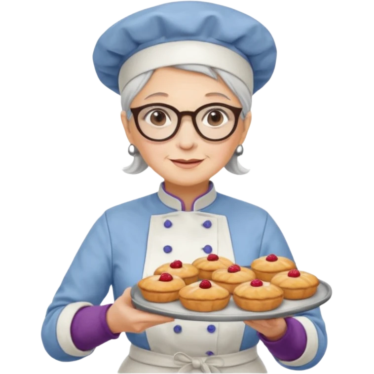 Older female pastry chef – round glasses, oven mitts on, holding a tray of pastries.

 emoji