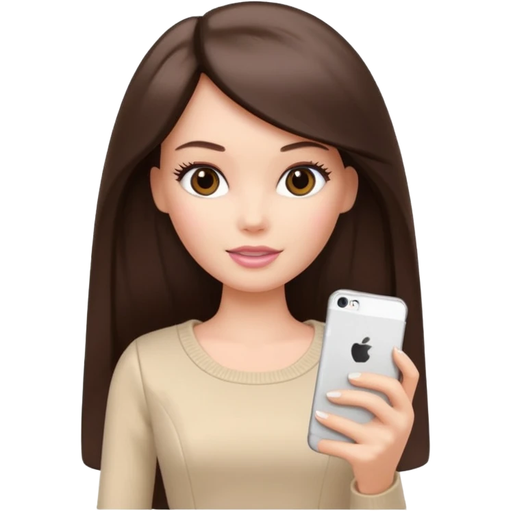 Barbie girl with a long straight dark brown hair inside a pale beige clothes works with iPhone  emoji