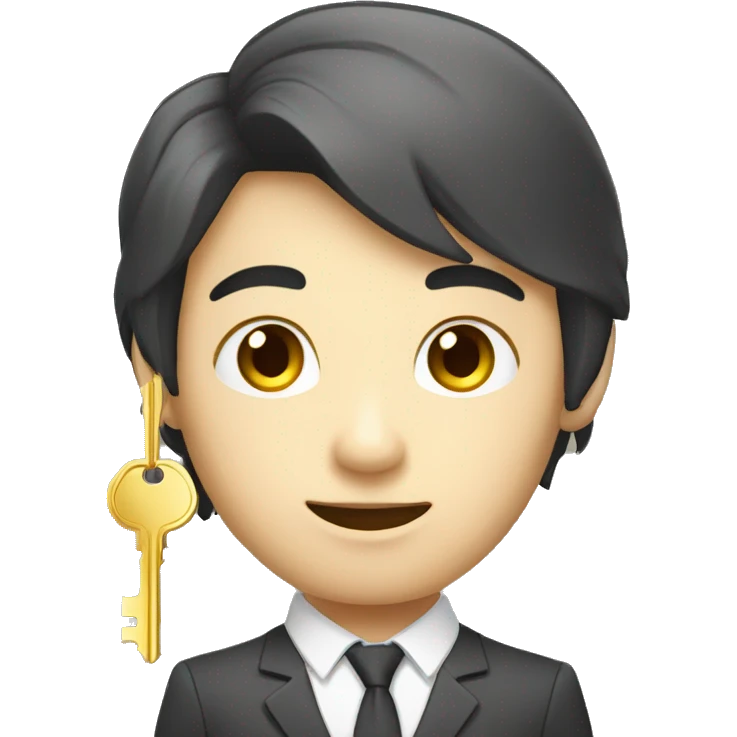 skinny eyed asian realtor with hair handing a gold key emoji