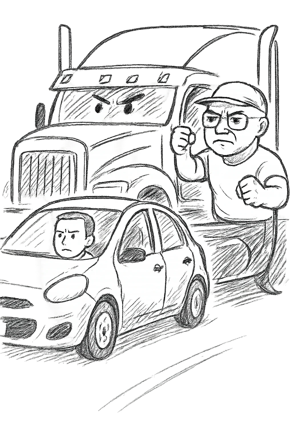Remove the background to make the image transparent. Keep the angry, bald truck driver with glasses, orange shirt, and baseball cap, arm out the window, and a person in the car in front. emoji