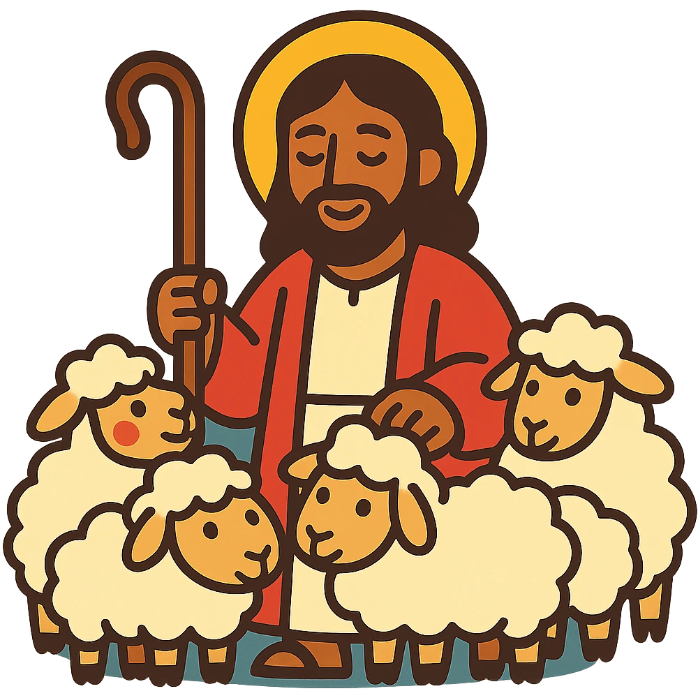 Jesus the Good Shepherd, surrounded by sheep, vibrant toon style emoji