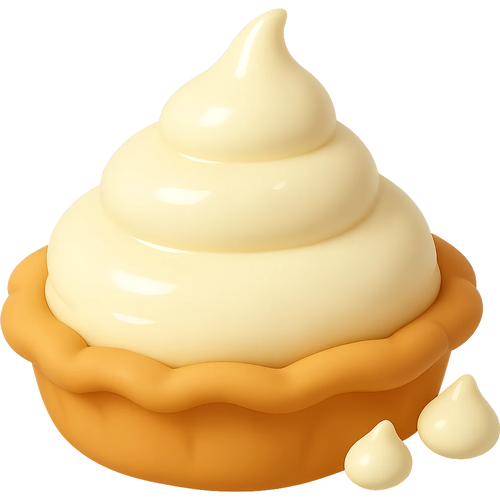 Frame 3 of 15: Cream pie with two small cream droplets, playful 3D emoji style, golden brown crust, same angle as reference emoji
