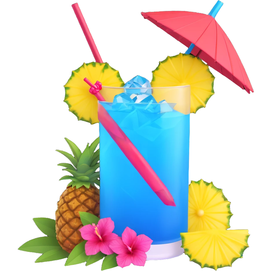 vibrant tropical fruity blue cocktail with hibiscus, pineapple slice, and paper umbrella garnish emoji