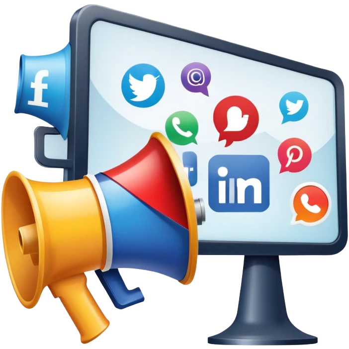 An icon featuring a megaphone, a billboard, and social media icons, symbolizing advertising and public relations. The design includes a press release and a rising graph, representing brand promotion and communication strategies. Transparent background highlights media influence and outreach. emoji
