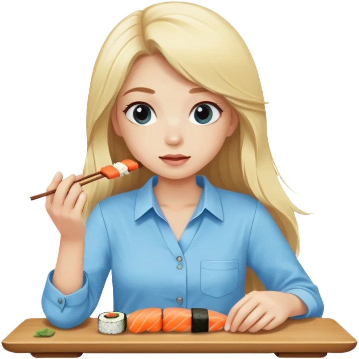 Blonde longhair girl eating sushi in sky blue shirt  emoji