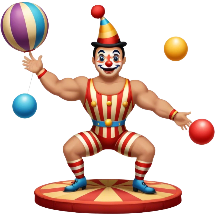Icon for Circus Arts: a vibrant circus arena with a strongman in a striped costume, a juggler, and a clown performing. The icon should capture the excitement and energy of a circus show, with emphasis on skill and entertainment. Transparent background. emoji