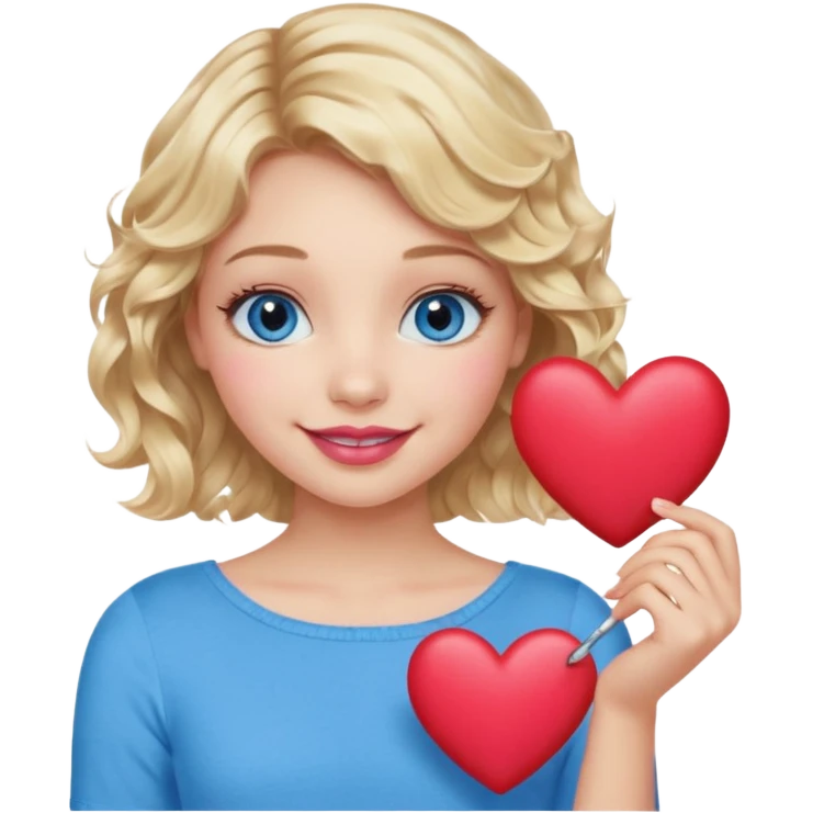 Girl Blonde short wavy hair,  blue eyes, cute blue top, long lashes, pink lips, smiling, holding hearts emoji