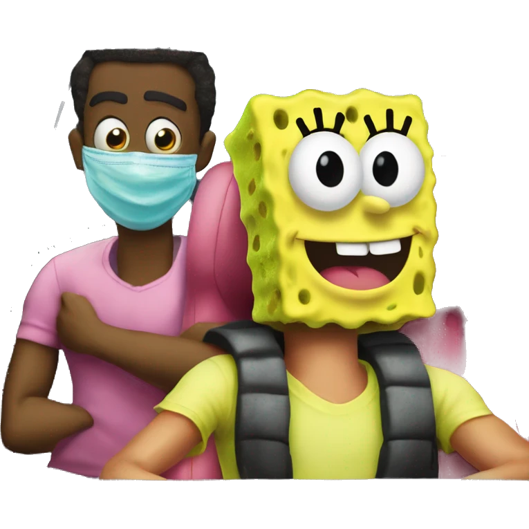 Create spongebob character with a shiesty mask with patrick in the car emoji