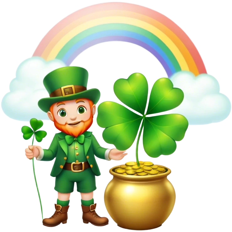 Green shiny four leaf clover with a little leprechaun standing beside the pot of gold with a rainbow  emoji