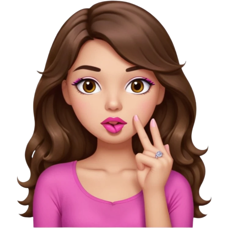 girl with long wavy brown hair, brown eyes, light to medium complexion, in a pink sexy top, pink puckered lips, long lashes, shushing emoji