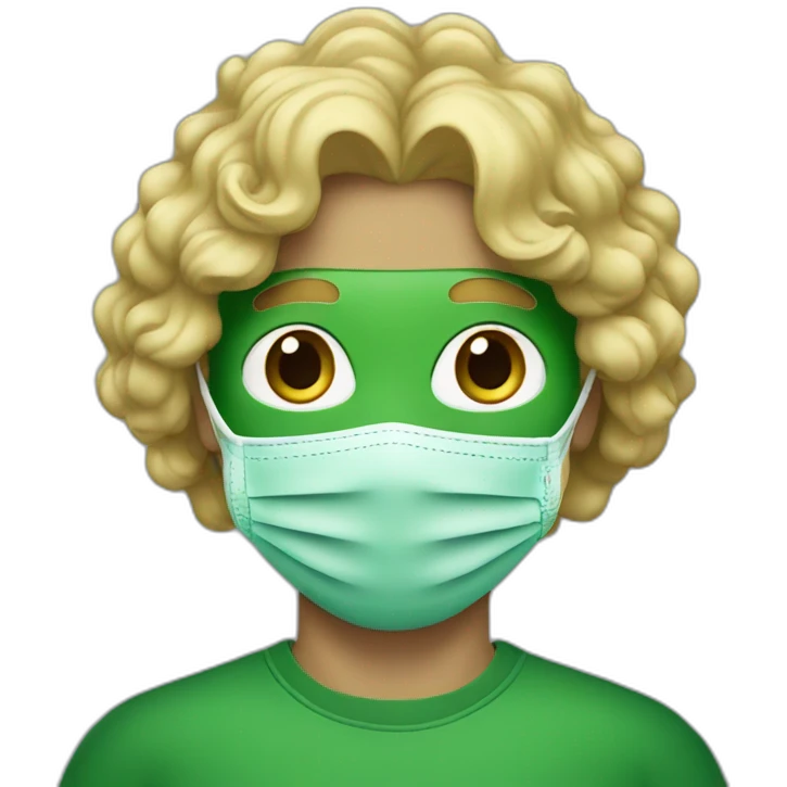 A man wearing a green mask with medium length blonde curly hair emoji