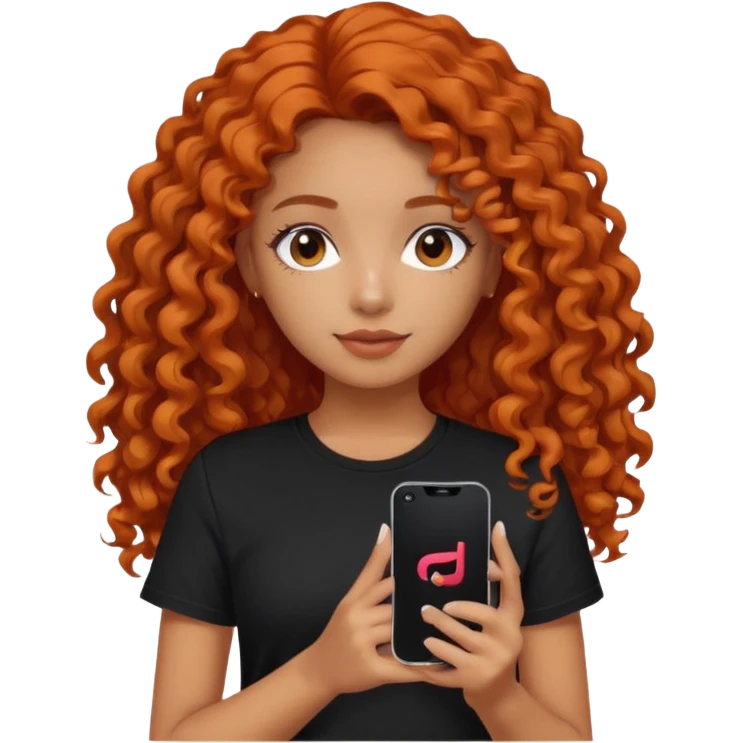 A girl with long, dark orange curly hair, wearing a black T-shirt, is holding a phone with the TikTok icon emoji