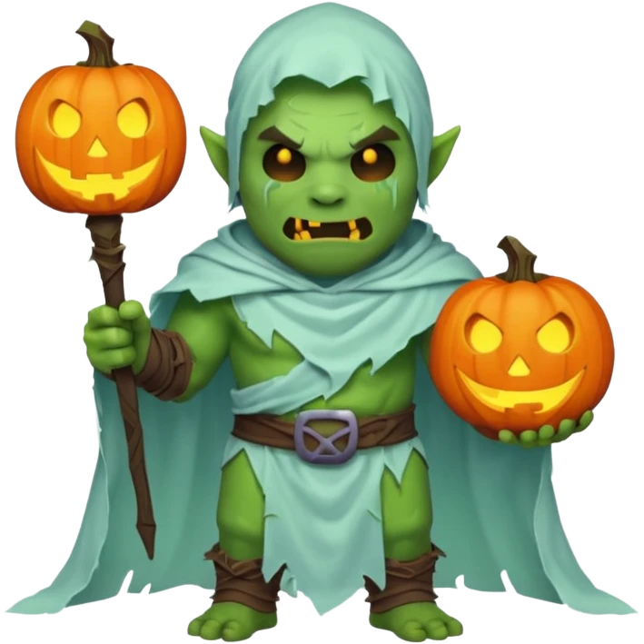 male orc warrior ghost emoji, green skin, wearing torn white ghost sheet costume, holding glowing jack-o'-lantern, faint blue aura, friendly but spooky expression, Halloween fantasy theme, Apple emoji style, clean white background, square emoji