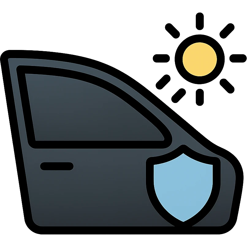luxury car side window icon with dark black to gray gradient, small shield or sunbeam being blocked, subtle shading, modern and clean style, no text emoji