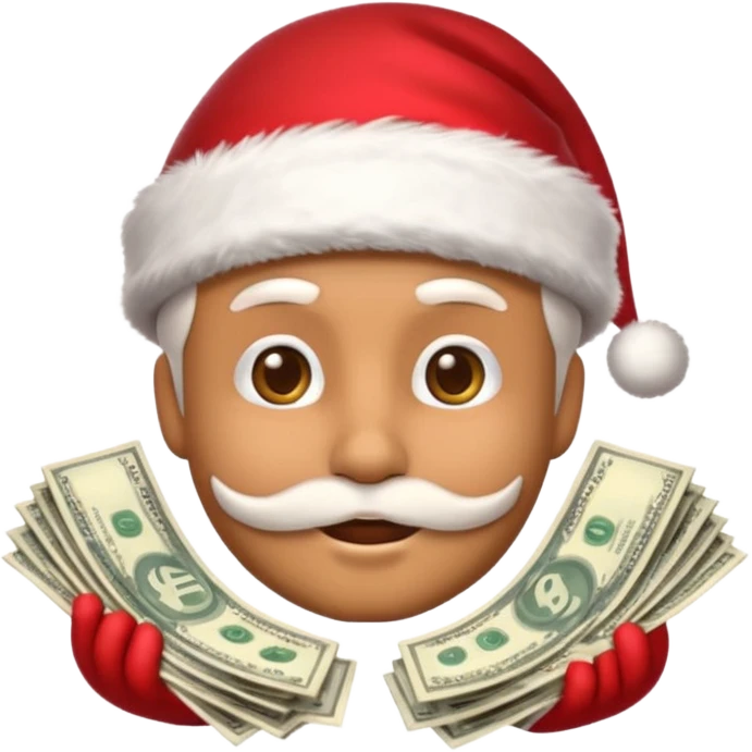 A confident rich emoji face wearing a Santa hat, money stacks, casino vibe, New Year theme, premium 3D emoji style, sharp details, no text, isolated on transparent background emoji