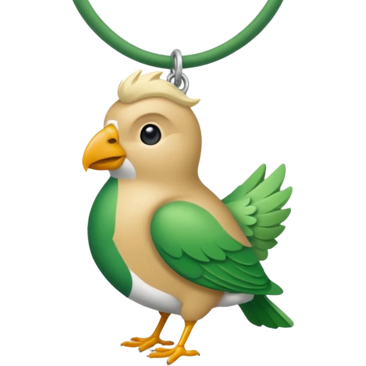 un oiseau classique vert avec un collier autour de son coup avec des breloque argentées et un seul poil blond qui fait une petite bouclette sur le front  emoji