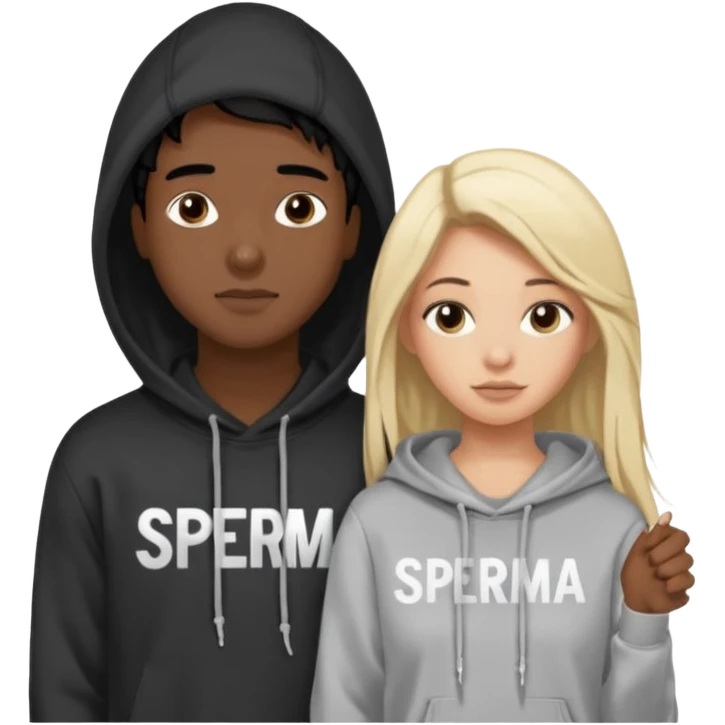 I want it to be this emote 🙍‍♂️
of a guy with black hair and a black sweatshirt with the word "sperma" written in white in the middle. Behind him, there's a pretty blonde with long hair, pulling the string on the first person's hoodie. The girl is wearing a gray sweatshirt. emoji