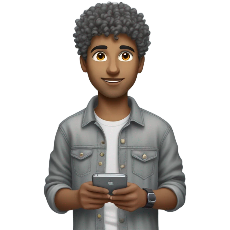 Pakistani boy wearing a grey oversized tee with grey jeans and timbs holding an iphone 16 texting high top fade curly hair emoji