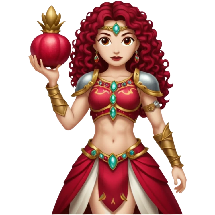 full body woman long curly brown hair brown eyes white skin tattoos muscular build pomegranate empress armor split open jewel seeds glow emoji