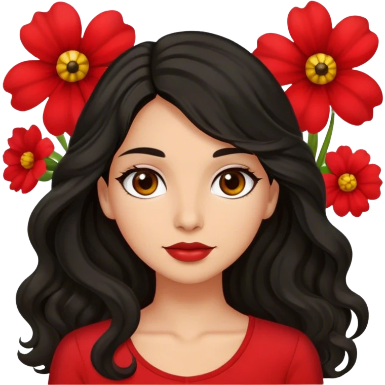 Olive brown eyed women with black long wavy hair red flower background red top emoji