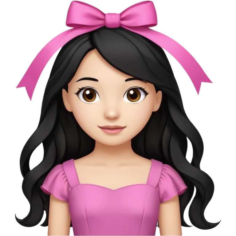 Beautiful girl with long black hair in a half-up half-down hairstyle with pink ribbon tying the top half, waves at the ends, brown eyes, light skin, slight smile, and pink dress emoji