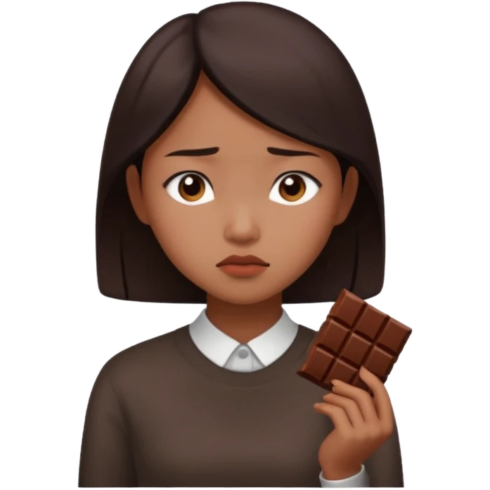 A young Asian female with a gloomy expression, thinking of chocolate emoji
