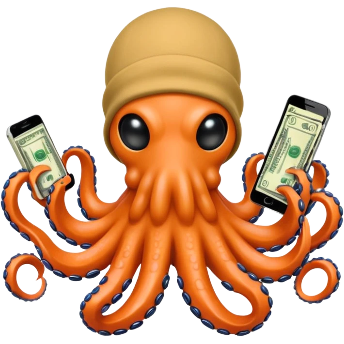 Intimidating octopus with pearl black skin, neon peach colored suction cups. Violent looking octopus is wearing a white balaclava and thick shiny gold necklace. 2 tentacles are holding their own cellphone, 2 more tentacles are holding stacks of money. emoji