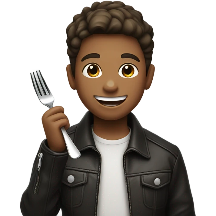 smiling boy in leather jacket eating a steak emoji