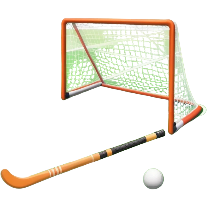A field hockey stick and ball on a vibrant green grass field, with goalposts and clear field markings in the background. The scene emphasizes the bright, lush grass, highlighting the fast-paced and strategic nature of hockey on a well-maintained pitch. emoji