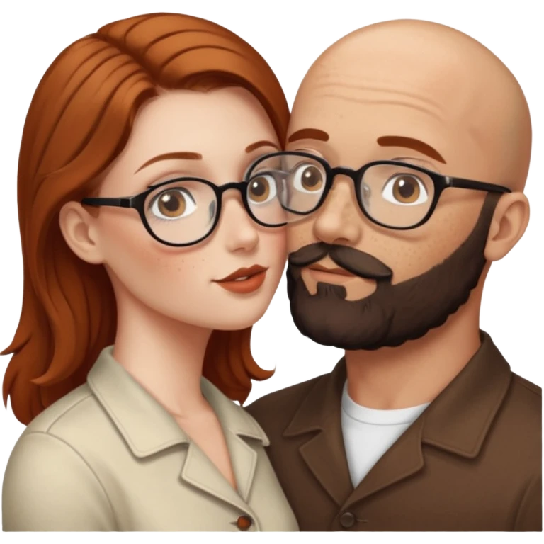 Couple. Bald man with dark brown-black beard. White woman with many small, faded freckles, she has white skin and she has auburn-brown-cinnamon, dark long hair. She has light brown eyes. The man have hazel eyes and glasses. Retro style. She kisses him. emoji