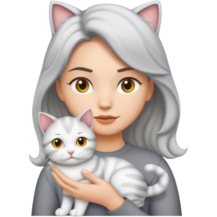 Haz una imagen estilo emoji de iPhone con una chica blanca de cabello ondulado claro tomando en brazos a su gato gris con blanco emoji