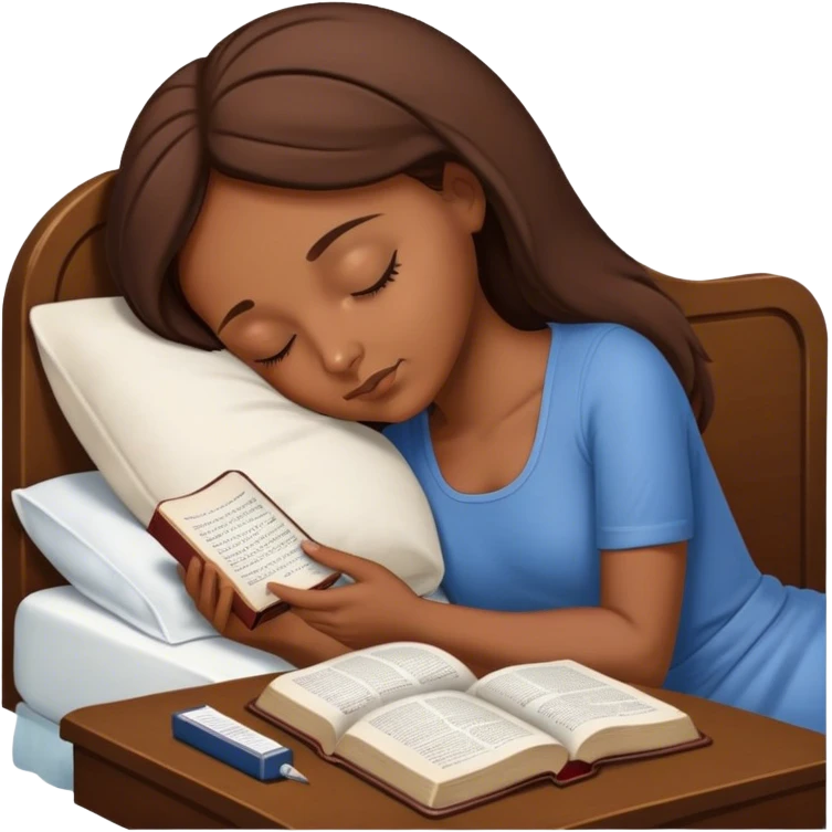 White maltester sleeping with his head on a Bible while brown haired woman reads it emoji