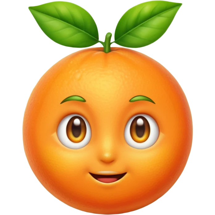 cute tangerine emoji with big shiny eyes, small smile, blushing cheeks, green leaf on top, looking touched and emotional emoji