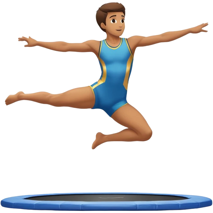 An athletic person soaring high above a trampoline, executing an acrobatic flip with perfect form. The scene captures motion and energy, with a dynamic pose, stretched limbs, and a focused expression. The background suggests a professional trampoline arena with safety padding. emoji