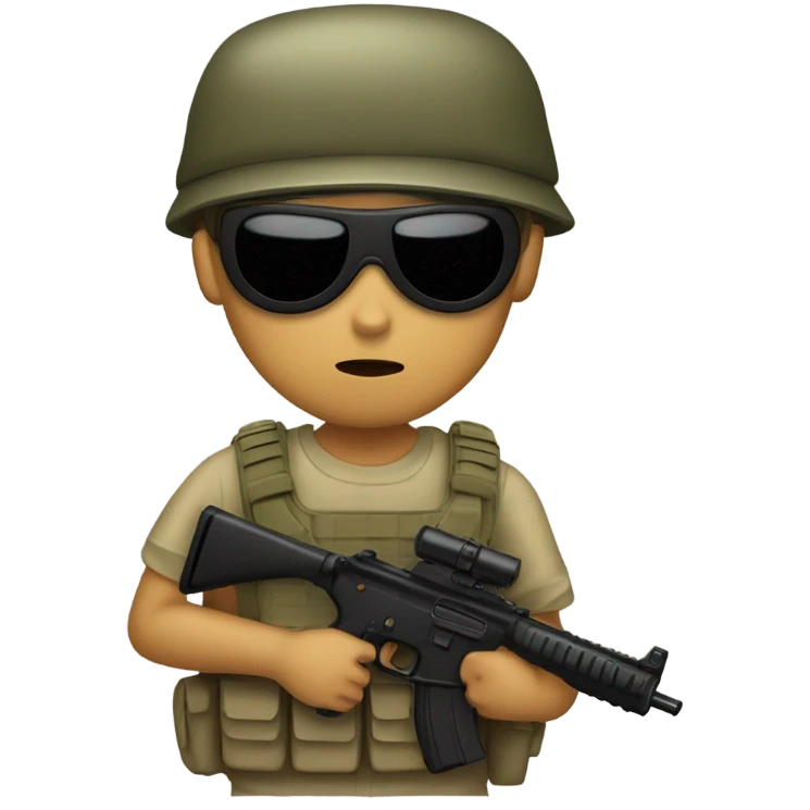 a tan boy wearing a army suit holding a gun with a black mask emoji
