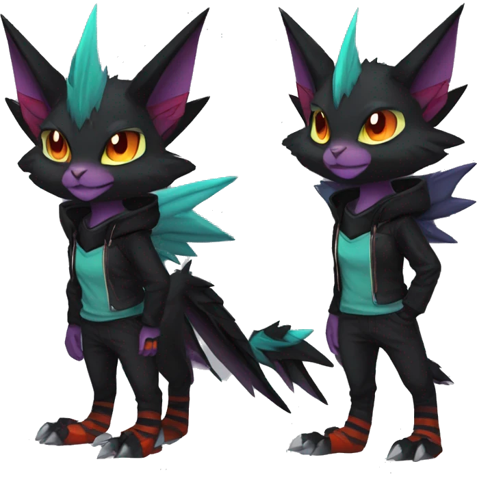 Cool Anthro Black Noivern-Quiana-Litten-Pokémon with edgy stripes hoodie spiked collar punk Full Body emoji
