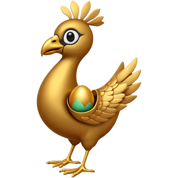 A 3D cartoon Sankofa bird with its head gracefully turned backward holding a golden egg in its beak, symbolizing learning from the past, single bird in frame, gold and brown tones, clean black background, Memoji-style rendering emoji